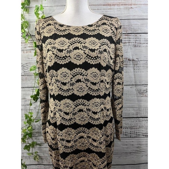 Cremieux Dress size 12 Gold Black Lace Straight Sheath Stretch Cocktail Knee - Picture 7 of 14